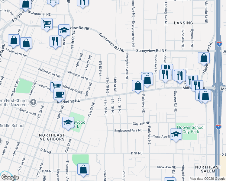map of restaurants, bars, coffee shops, grocery stores, and more near 1715 24th Street Northeast in Salem