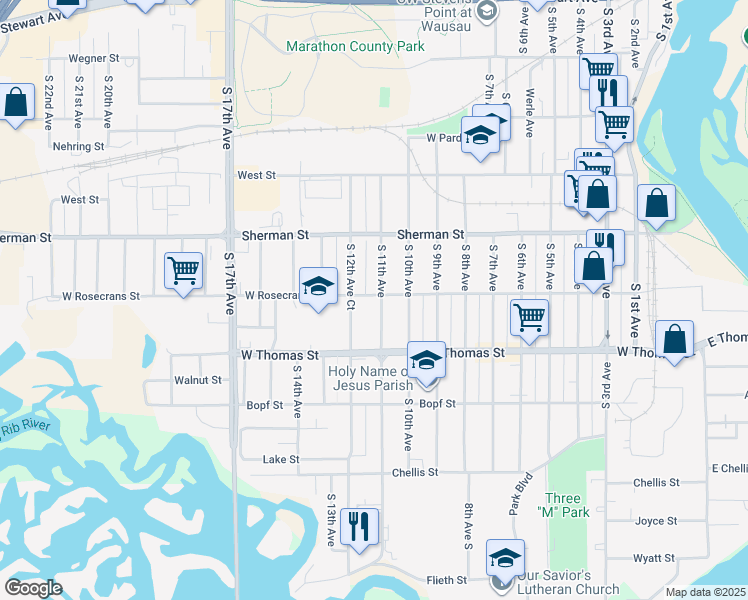map of restaurants, bars, coffee shops, grocery stores, and more near 936 South 11th Avenue in Wausau