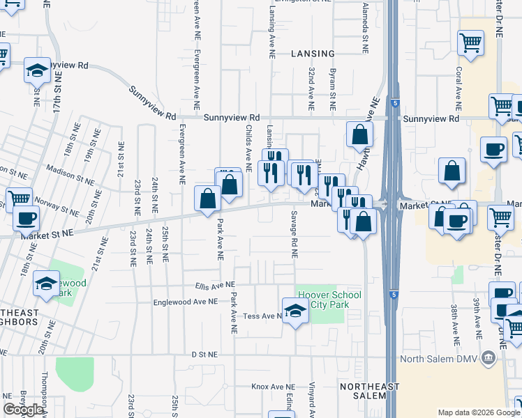 map of restaurants, bars, coffee shops, grocery stores, and more near 3000 Market Street Northeast in Salem