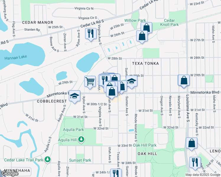 map of restaurants, bars, coffee shops, grocery stores, and more near 2937 Texa Tonka Avenue in Minneapolis