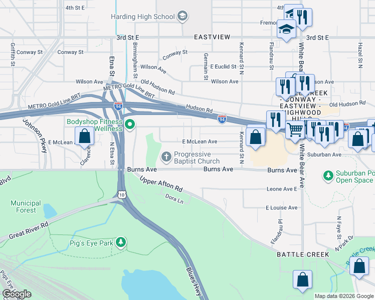 map of restaurants, bars, coffee shops, grocery stores, and more near 304 Hazelwood Street in Saint Paul