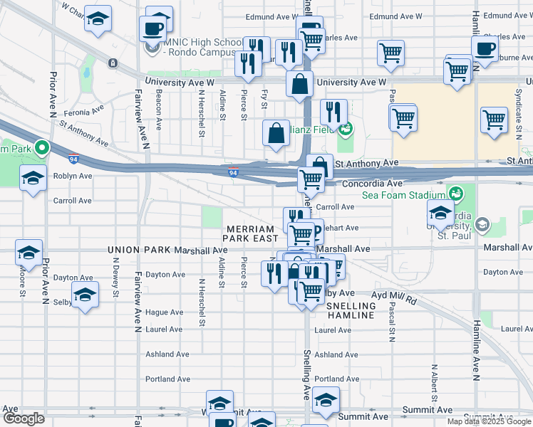 map of restaurants, bars, coffee shops, grocery stores, and more near 1635 Carroll Avenue in Saint Paul