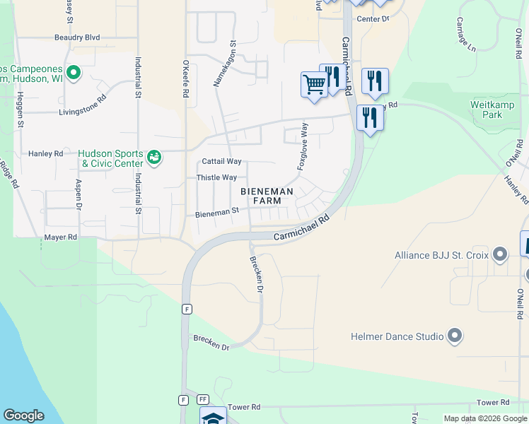 map of restaurants, bars, coffee shops, grocery stores, and more near 2202 Salvia Lane in Hudson