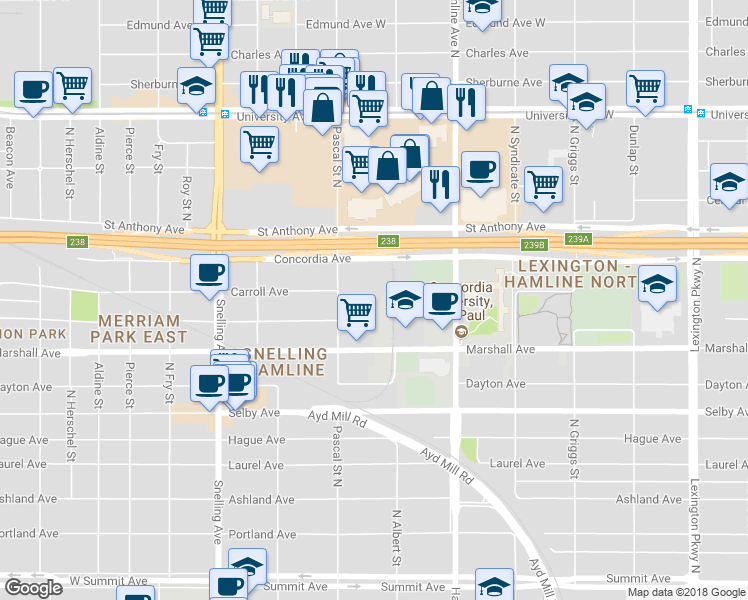 map of restaurants, bars, coffee shops, grocery stores, and more near 1410 Carroll Avenue in Saint Paul
