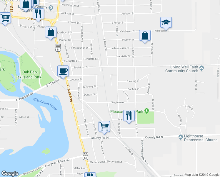 map of restaurants, bars, coffee shops, grocery stores, and more near 930 Single Avenue in Wausau