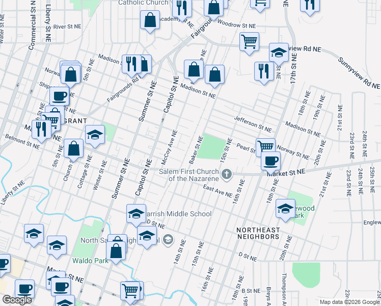 map of restaurants, bars, coffee shops, grocery stores, and more near 1425 Baker Street Northeast in Salem