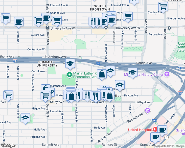 map of restaurants, bars, coffee shops, grocery stores, and more near 310A Arundel Street in Saint Paul