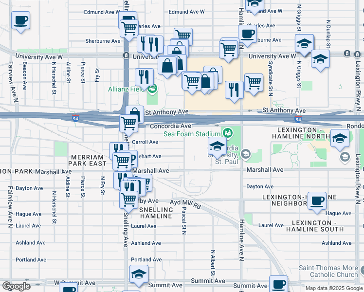 map of restaurants, bars, coffee shops, grocery stores, and more near 1463 Carroll Avenue in Saint Paul