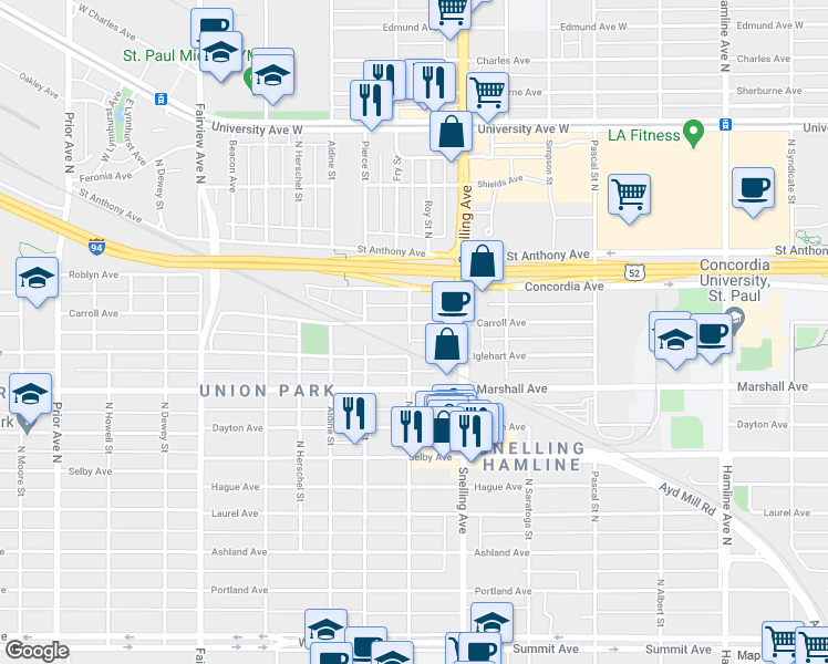 map of restaurants, bars, coffee shops, grocery stores, and more near 1635 Carroll Avenue in Saint Paul