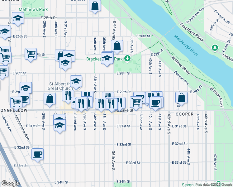 map of restaurants, bars, coffee shops, grocery stores, and more near 2848 36th Avenue South in Minneapolis