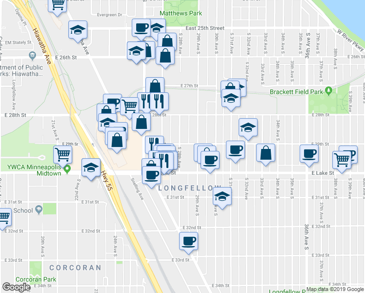 map of restaurants, bars, coffee shops, grocery stores, and more near 2808 East 29th Street in Minneapolis