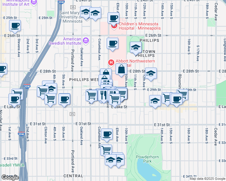 map of restaurants, bars, coffee shops, grocery stores, and more near 2840 Chicago Avenue in Minneapolis
