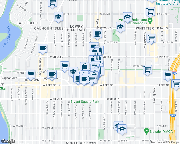 map of restaurants, bars, coffee shops, grocery stores, and more near 2835 Aldrich Avenue South in Minneapolis
