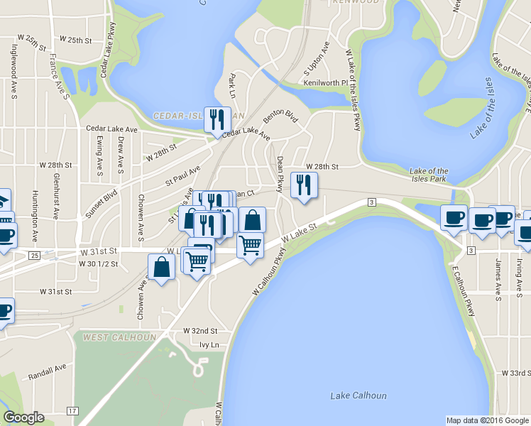 map of restaurants, bars, coffee shops, grocery stores, and more near 2920 Dean Parkway in Minneapolis