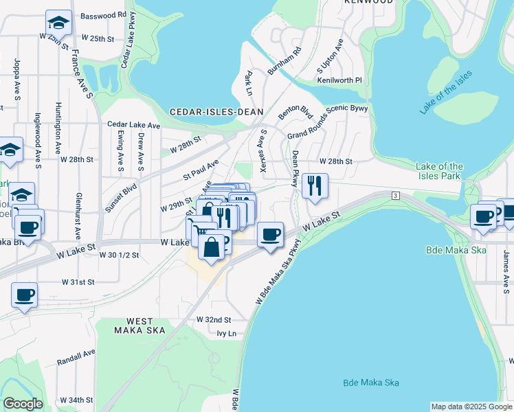 map of restaurants, bars, coffee shops, grocery stores, and more near 3141 Dean Court in Minneapolis