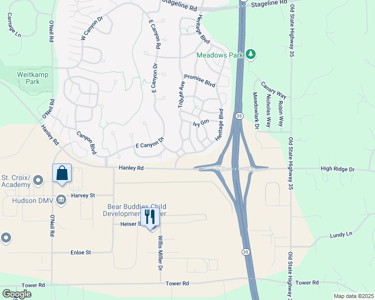 map of restaurants, bars, coffee shops, grocery stores, and more near 123 Heritage Boulevard in Hudson