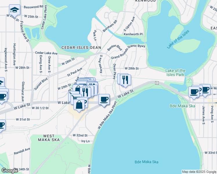 map of restaurants, bars, coffee shops, grocery stores, and more near 2920 Dean Parkway in Minneapolis
