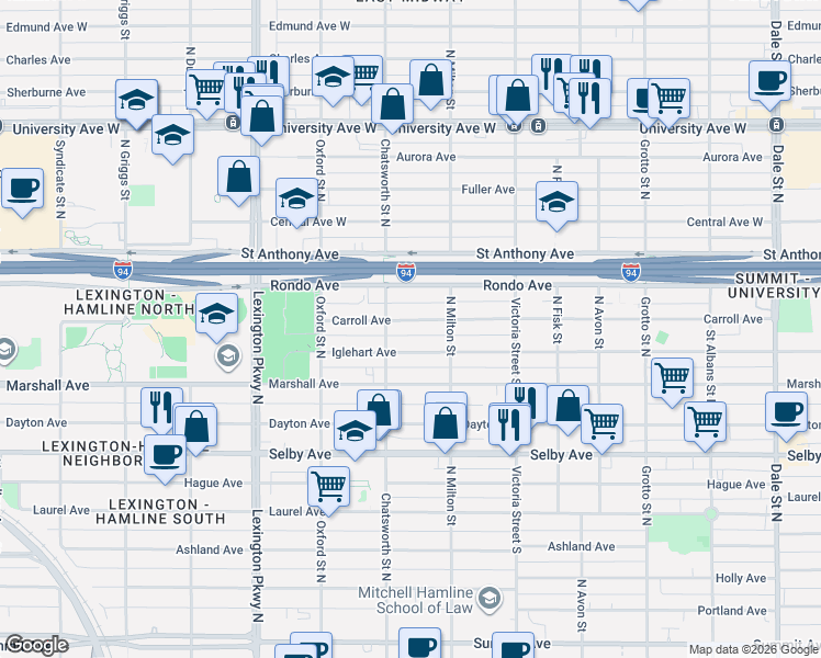 map of restaurants, bars, coffee shops, grocery stores, and more near 967 Carroll Avenue in Saint Paul
