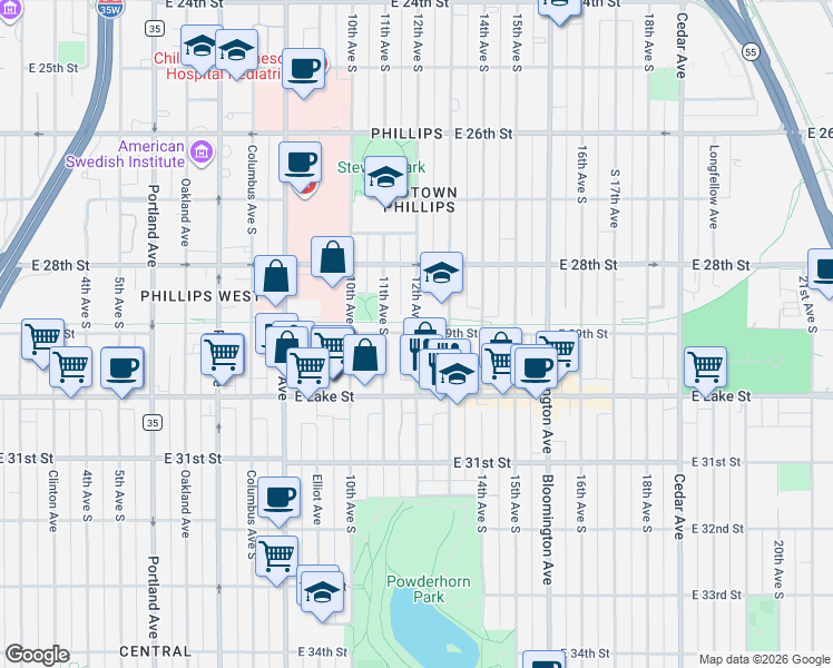 map of restaurants, bars, coffee shops, grocery stores, and more near 1199 E 29th St in Minneapolis