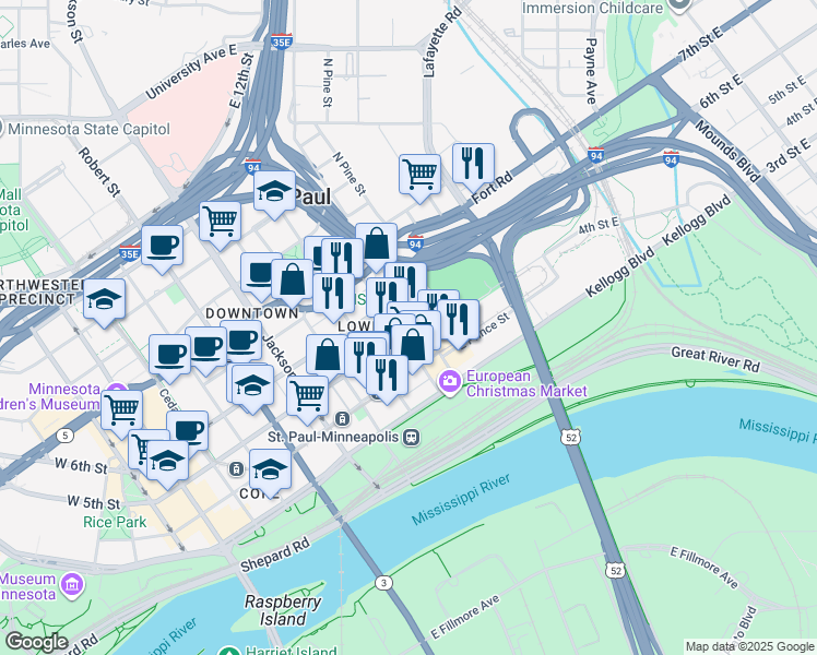 map of restaurants, bars, coffee shops, grocery stores, and more near 289 5th Street East in Saint Paul