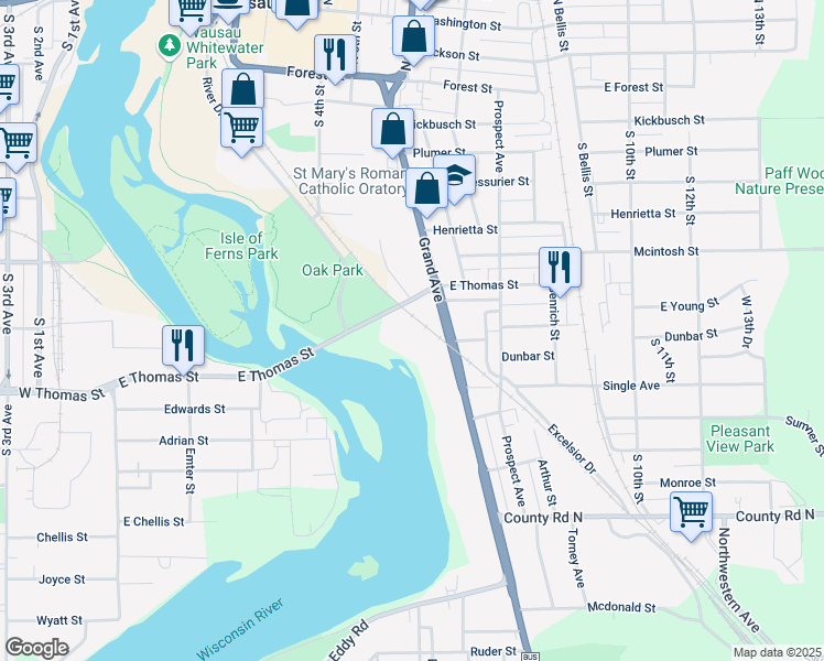 map of restaurants, bars, coffee shops, grocery stores, and more near 804 Grand Avenue in Wausau