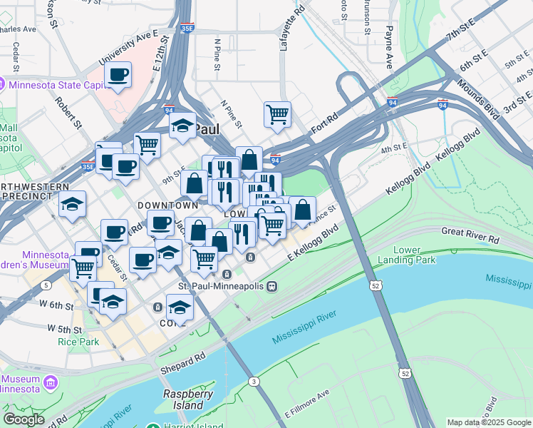map of restaurants, bars, coffee shops, grocery stores, and more near 289 North Broadway Street in Saint Paul