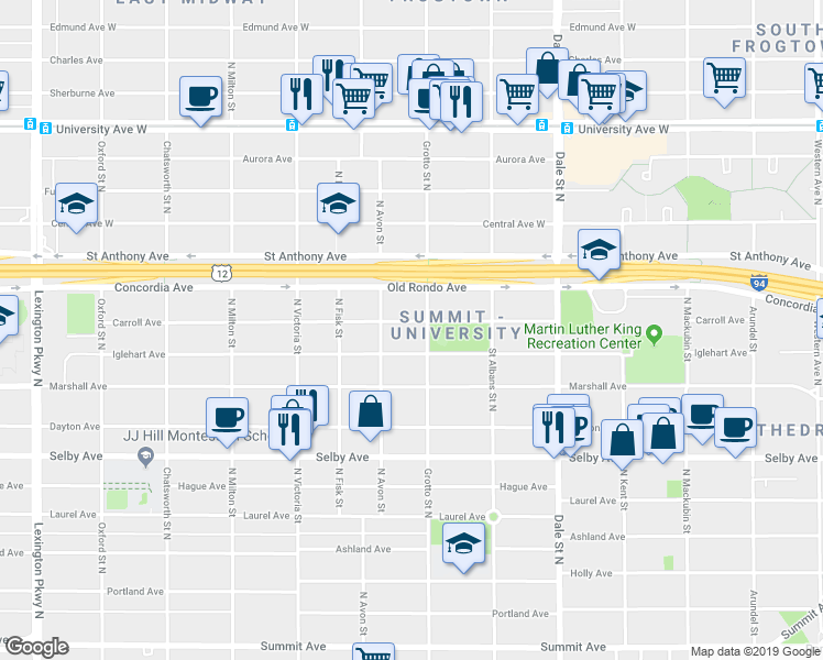map of restaurants, bars, coffee shops, grocery stores, and more near 751 Carroll Avenue in Saint Paul