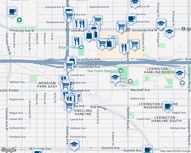map of restaurants, bars, coffee shops, grocery stores, and more near 1463 Carroll Avenue in Saint Paul