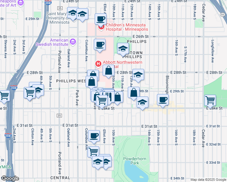 map of restaurants, bars, coffee shops, grocery stores, and more near 2836 11th Avenue South in Minneapolis