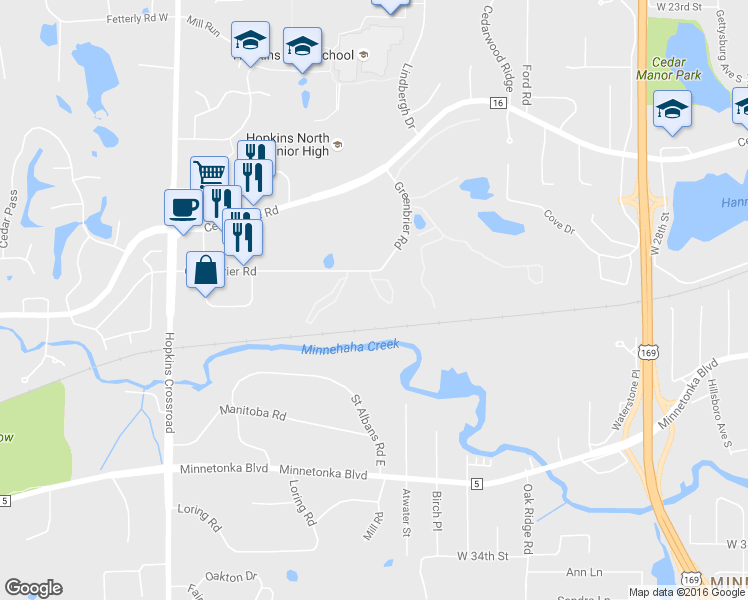 map of restaurants, bars, coffee shops, grocery stores, and more near 10451 Greenbrier Road in Minnetonka