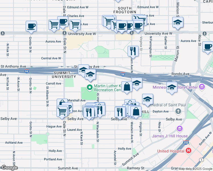 map of restaurants, bars, coffee shops, grocery stores, and more near 468 Carroll Avenue in Saint Paul