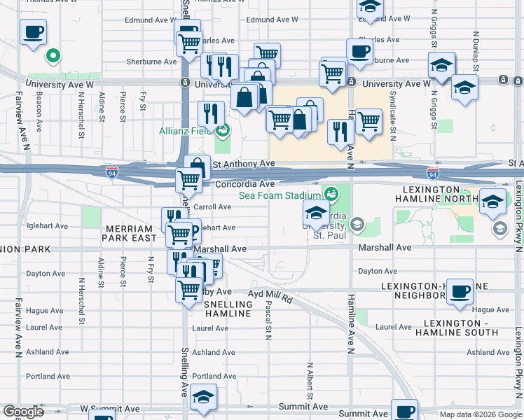map of restaurants, bars, coffee shops, grocery stores, and more near 1463 Carroll Avenue in Saint Paul