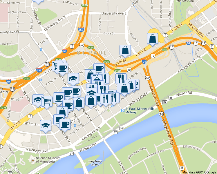 map of restaurants, bars, coffee shops, grocery stores, and more near in Saint Paul