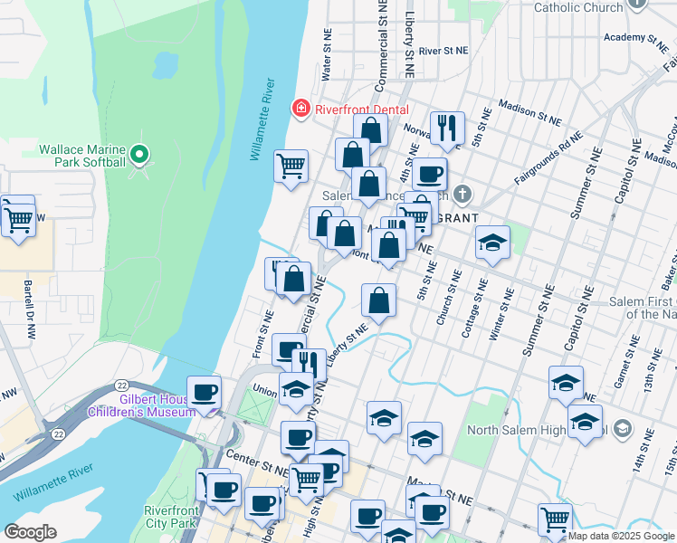 map of restaurants, bars, coffee shops, grocery stores, and more near 1024 Liberty Street Northeast in Salem