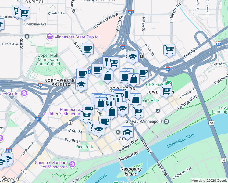 map of restaurants, bars, coffee shops, grocery stores, and more near 133 East 7th Street in Saint Paul