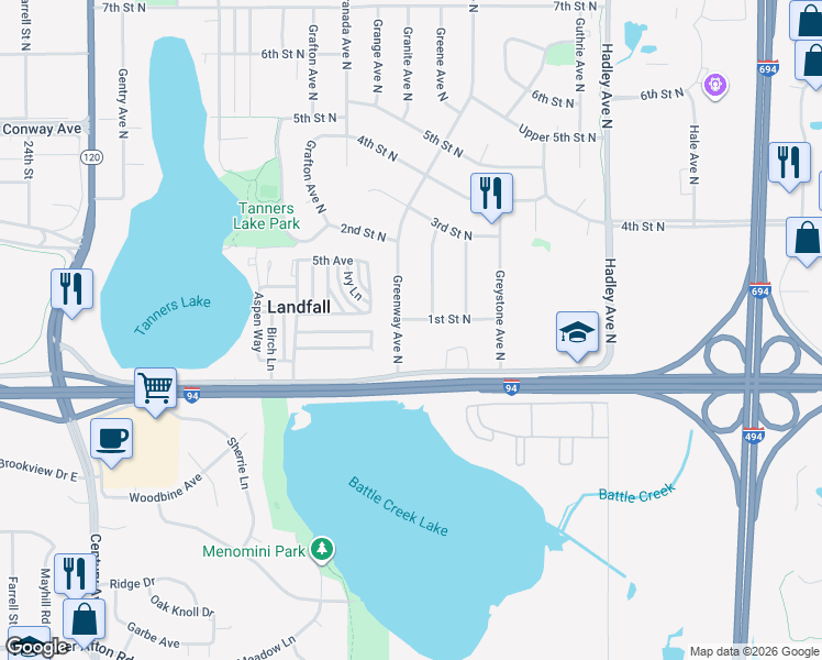 map of restaurants, bars, coffee shops, grocery stores, and more near 110 Grenadier Avenue North in Oakdale