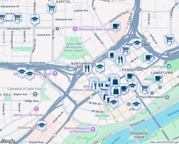 map of restaurants, bars, coffee shops, grocery stores, and more near 555 Wabasha Street North in Saint Paul