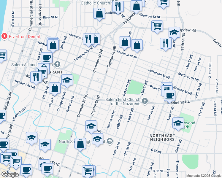 map of restaurants, bars, coffee shops, grocery stores, and more near 1410 McCoy Avenue Northeast in Salem
