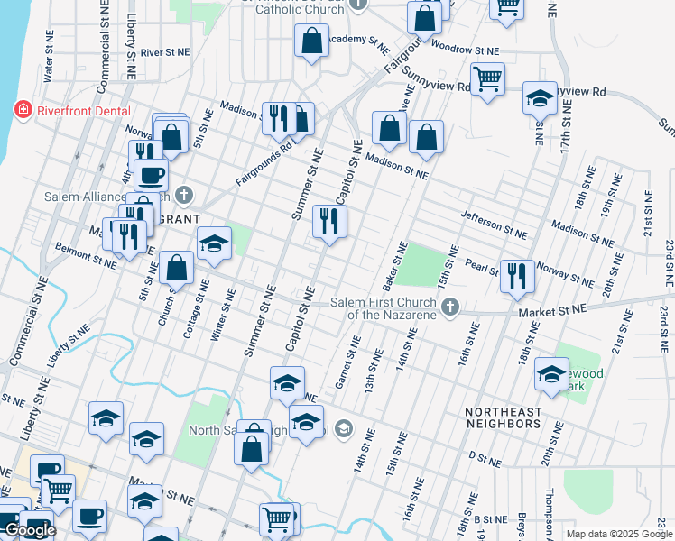 map of restaurants, bars, coffee shops, grocery stores, and more near 1410 McCoy Avenue Northeast in Salem