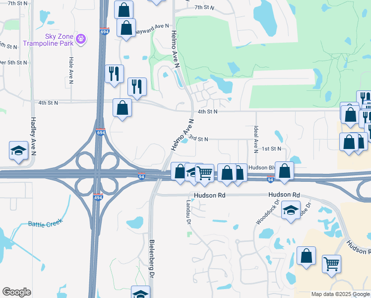 map of restaurants, bars, coffee shops, grocery stores, and more near 360 Helmo Avenue North in Oakdale