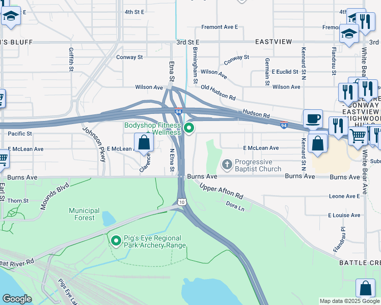 map of restaurants, bars, coffee shops, grocery stores, and more near 303 Birmingham Street in Saint Paul