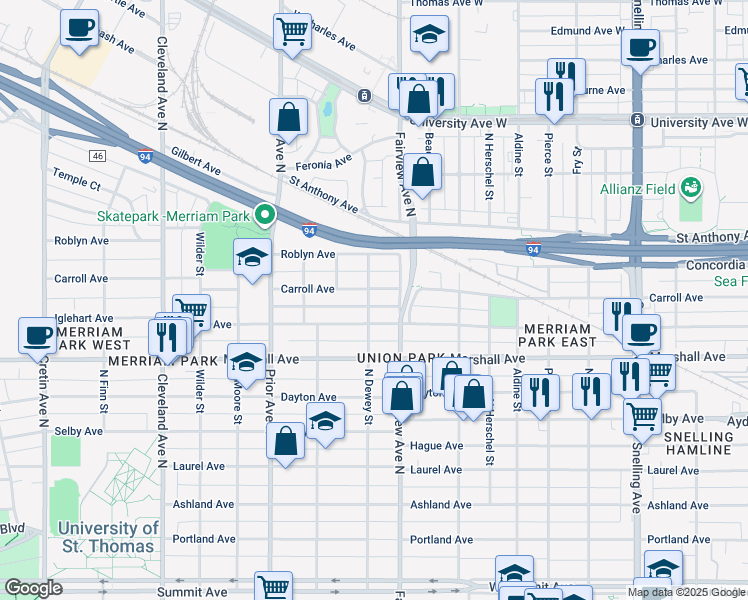 map of restaurants, bars, coffee shops, grocery stores, and more near 1846 Carroll Avenue in Saint Paul