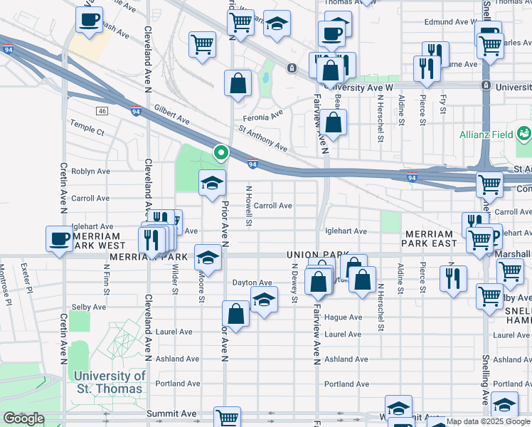 map of restaurants, bars, coffee shops, grocery stores, and more near 1885 Carroll Avenue in Saint Paul