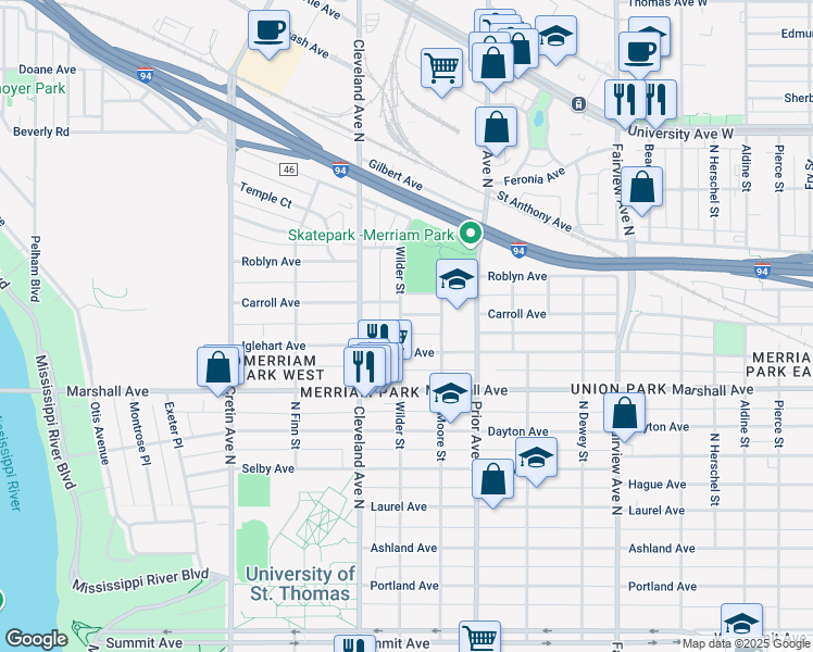map of restaurants, bars, coffee shops, grocery stores, and more near 313 Wilder Street in Saint Paul