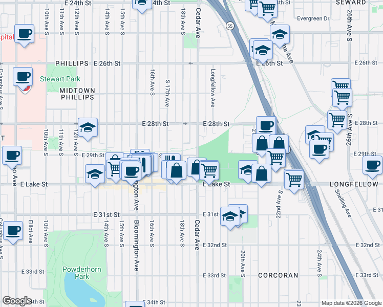 map of restaurants, bars, coffee shops, grocery stores, and more near 2830 Cedar Avenue in Minneapolis