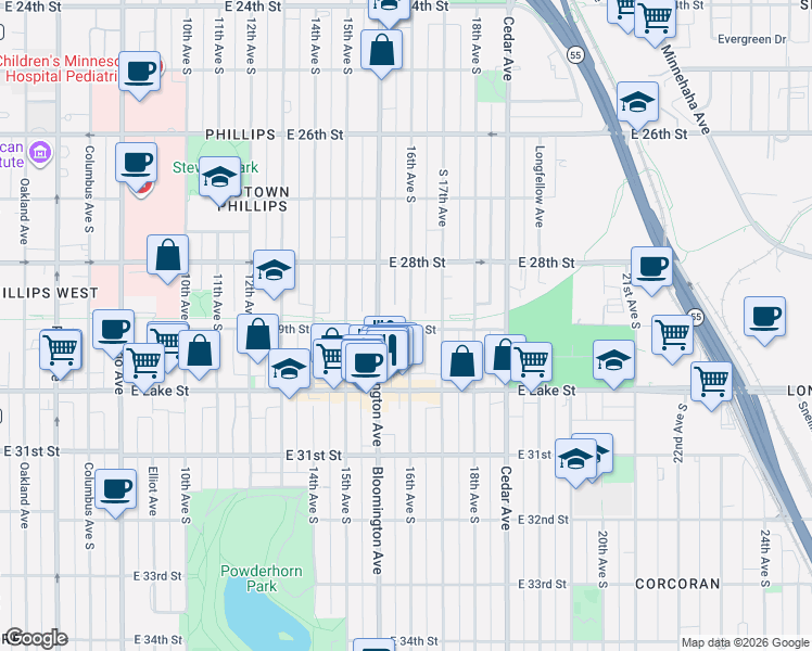 map of restaurants, bars, coffee shops, grocery stores, and more near 2835 Bloomington Avenue in Minneapolis