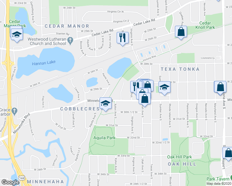 map of restaurants, bars, coffee shops, grocery stores, and more near 2930 Wyoming Avenue South in Minneapolis