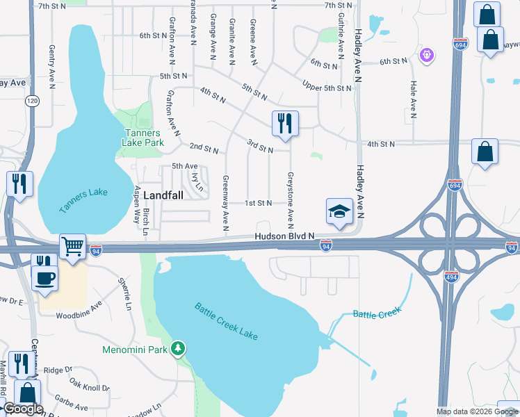 map of restaurants, bars, coffee shops, grocery stores, and more near 107 Gresham Avenue North in Oakdale