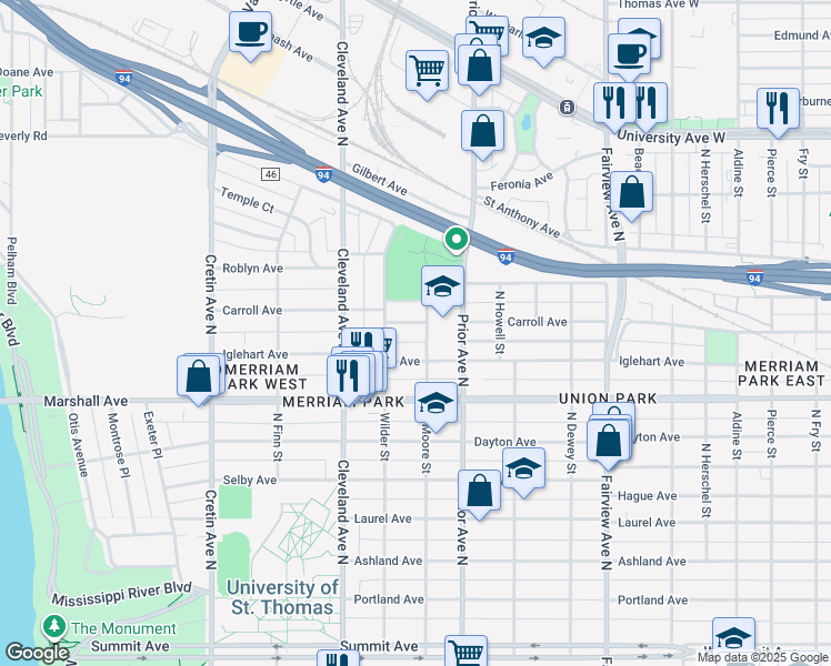 map of restaurants, bars, coffee shops, grocery stores, and more near 1990 Carroll Avenue in Saint Paul
