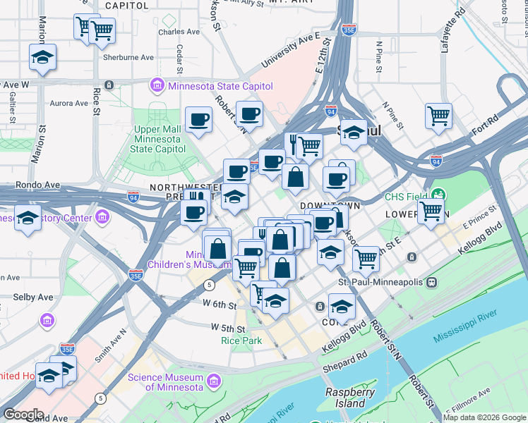 map of restaurants, bars, coffee shops, grocery stores, and more near 78 10th Street East in Saint Paul